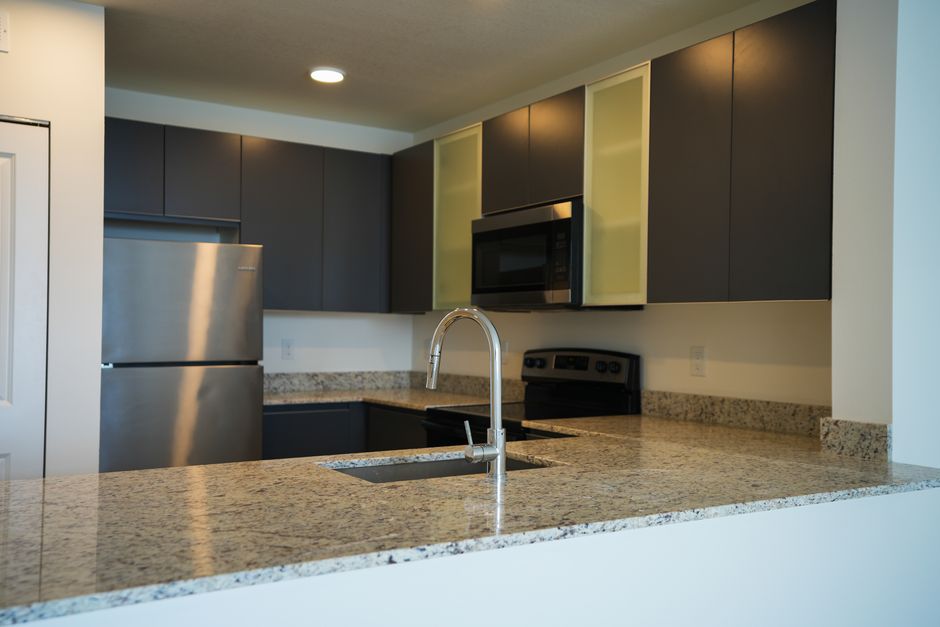 Sleek modern kitchen featuring stainless steel appliances and granite countertops.